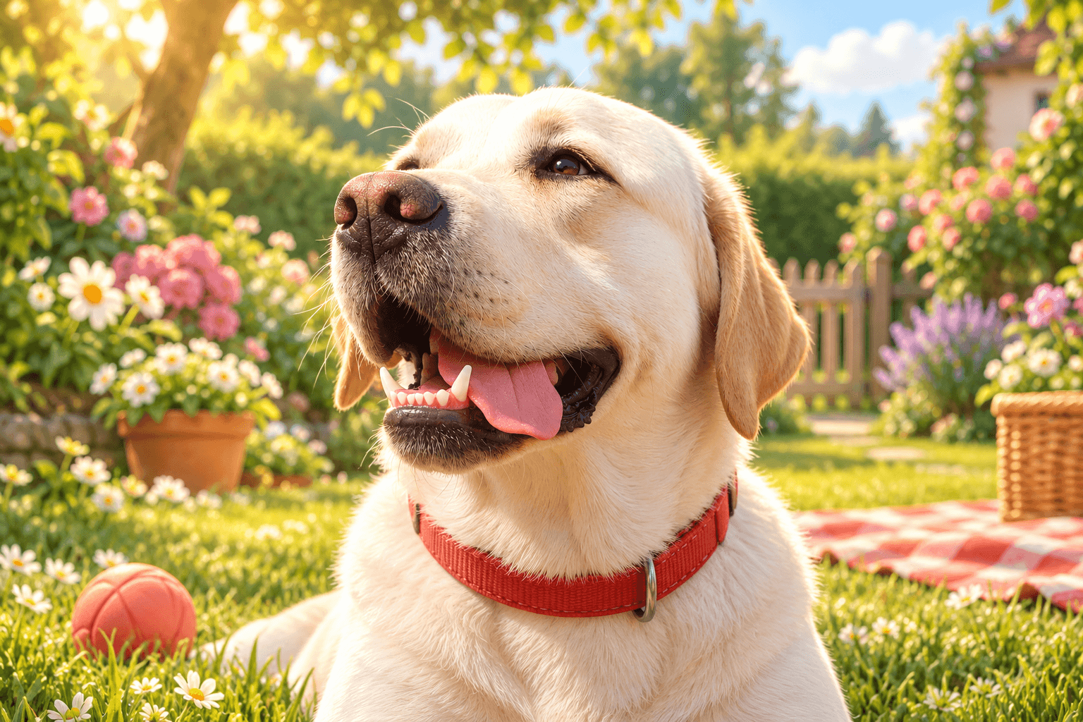 Biały labrador zaprasza do zabawy w ogrodzie